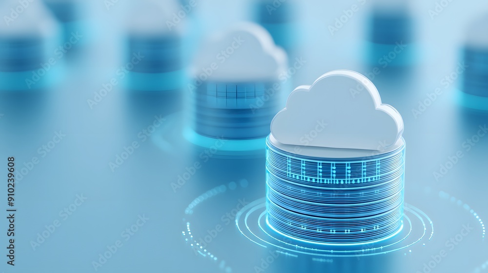Poster 3d illustration of cloud computing concept with digital data storage servers and cloud symbol on blu