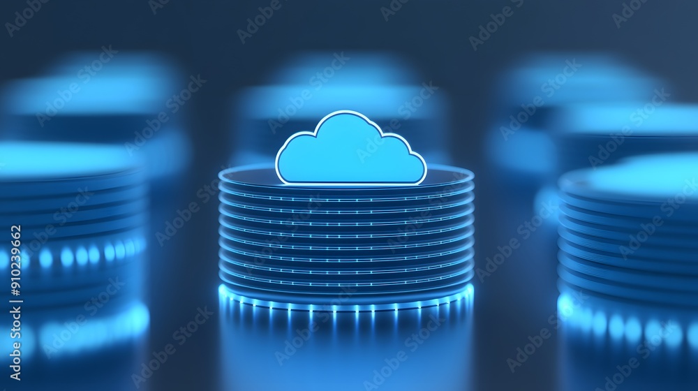Poster 3d illustration of cloud computing concept with glowing servers and cloud icon, representing data st