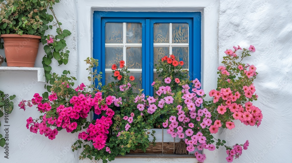 Wall mural a window with a blue frame and a variety of colorful flowers in a planter. the flowers include pink,