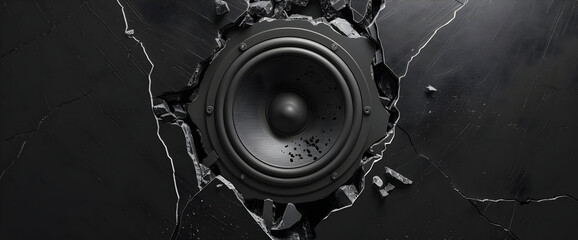 A powerful speaker embedded in a cracked wall, symbolizing strength and vibrancy in sound and music.