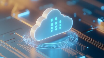 3D illustration of cloud computing infrastructure on a circuit board, representing data storage and digital technology.
