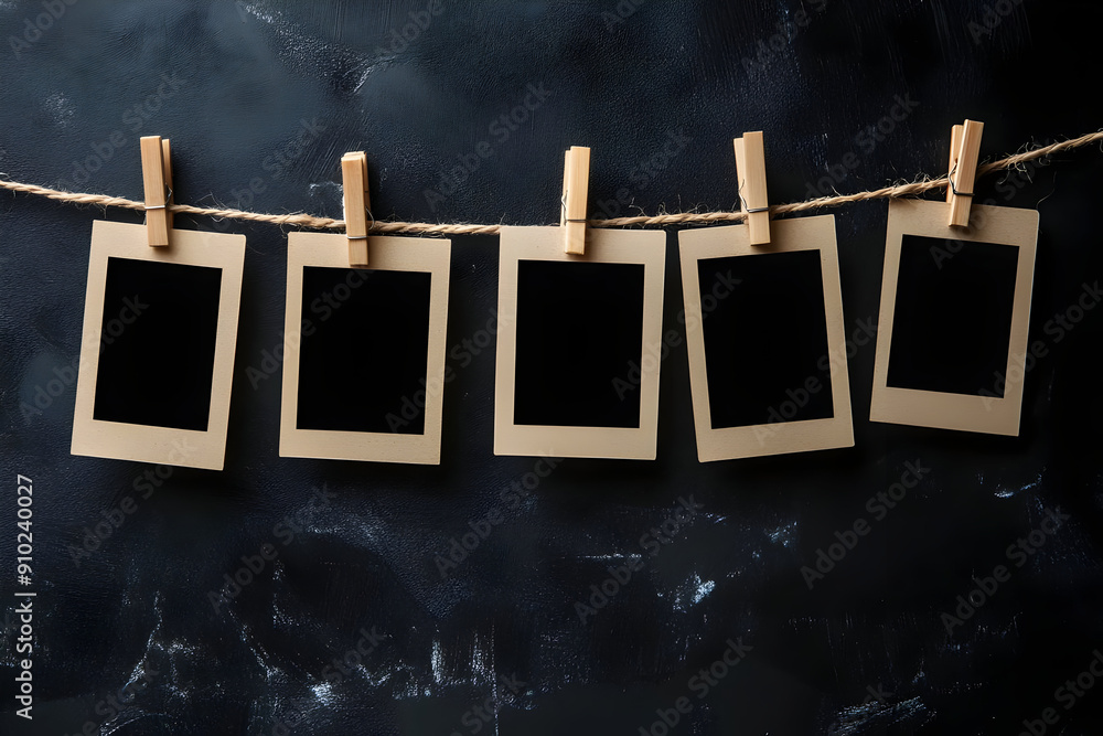 Poster a set of empty photo frames hanging on a twine against a dark background, perfect for adding your ow