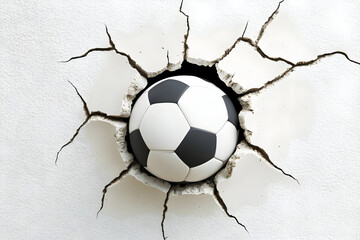 A soccer ball emerging from a cracked wall, symbolizing energy and excitement in sports.