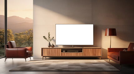 TV display mockup in the living room. A modern living room featuring a large blank TV screen mockup on a wooden console. 