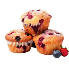Delicious berry muffins stacked in a tempting arrangement, perfect for breakfast or a sweet snack. Fresh blueberries and raspberries included.