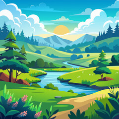 Serene Countryside Green Meadows and River Under a Summer Sky 