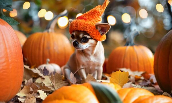A small dog Chihuahua in an orange pumpkin costume, sitting among large Halloween pumpkins and autumn leaves