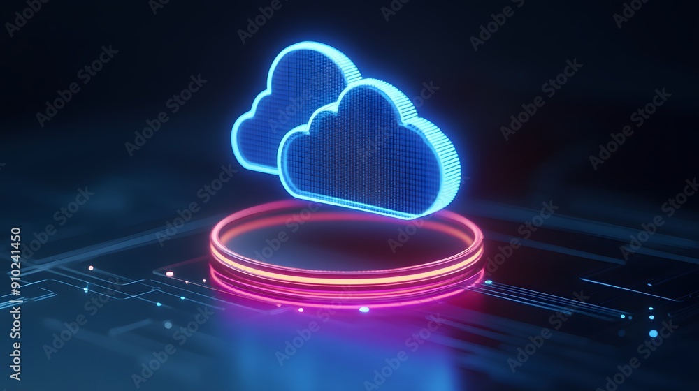 Poster 3d illustration of glowing blue clouds above a neon platform representing cloud computing and data s