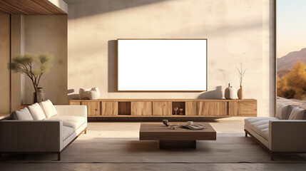 TV display mockup in the living room. A modern living room featuring two white sofas, a wooden coffee table, and a large blank TV screen mockup mounted on a light-colored wall. 