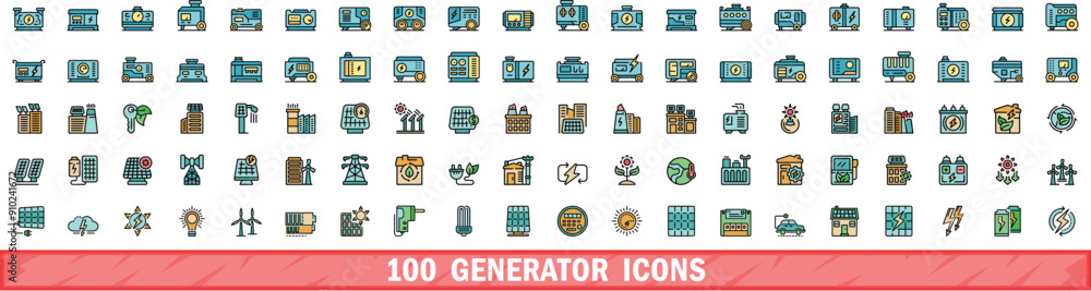 Poster 100 generator icons set. color line set of generator vector icons thin line color flat on white