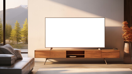 Living room TV mockup. A modern living room featuring a sleek wooden TV mockup stand with a large blank screen television. 