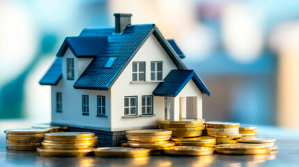 Miniature House Surrounded by Gold Coins on a Table in Indoor Setting