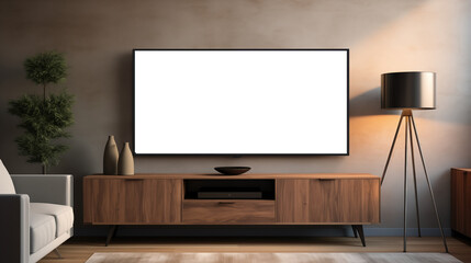 Living room TV screen mockup. A modern living room featuring a large blank TV screen mockup mounted on a wall. Below the TV, a stylish wooden cabinet holds decorative items. 