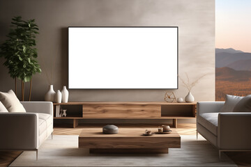 Living room Television mockup. A modern living room featuring a large blank TV screen mockup mounted on a wall.  - Powered by Adobe