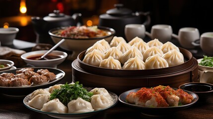 Accessories of Traditional Chinese lunar New Year dinner table, menu background with pork, fried fish, chicken, rice balls, dumplings, fortune cookie 