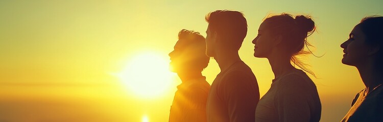 Naklejka premium group of people silhouettes standing on a mountain top while the sun is rising