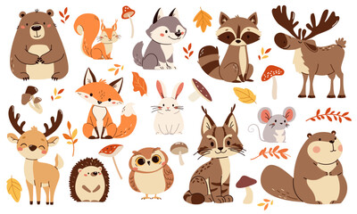 Set of flat vector illustrations. Forest animals, bear mouse hare elk deer hedgehog fox squirrel raccoon beaver lynx owl mushrooms, fall leaves . Vector illustration