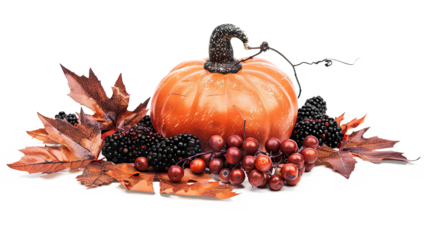 halloween pumpkin with leaves, thanksgiving, fall or autumn background with pumpkin, berries, and fall leaves isolated on white. greeting or seasonal card background on simple composition concept.