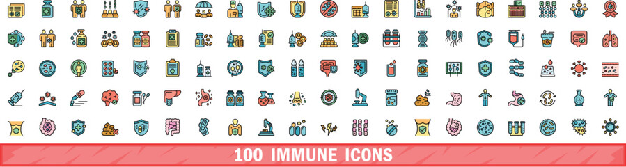 100 immune icons set. Color line set of immune vector icons thin line color flat on white