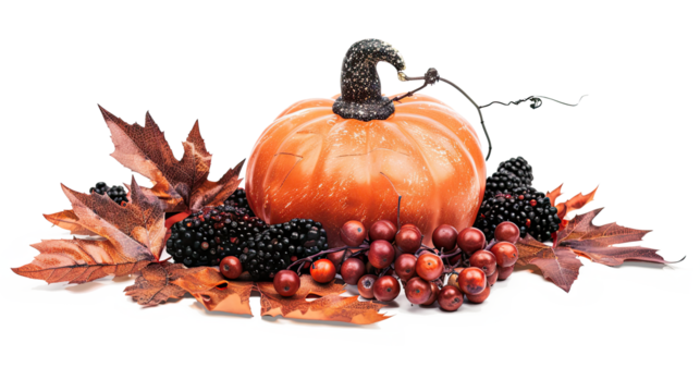 halloween pumpkin with leaves, thanksgiving, fall or autumn background with pumpkin, berries, and fall leaves isolated on white. greeting or seasonal card background on simple composition concept.