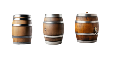 Oak Barrel Trio: Rustic Charm Distilled -  Three weathered oak barrels, each with unique metal accents, stand isolated against a clean white backdrop, exuding an air of timeless craftsmanship and hint