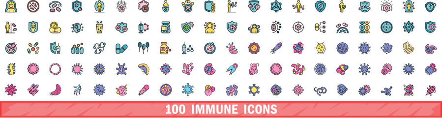 100 immune icons set. Color line set of immune vector icons thin line color flat on white