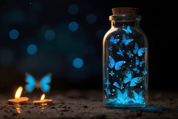 magical blue butterflies with glowing wings in bottle at night 