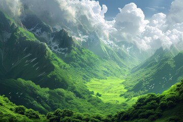 Obraz premium In a lush green, a magnificent mountain range stands in the distance, guarding the land like a giant, skylight exposure, 2d illustration, FHD, HDR with generative ai