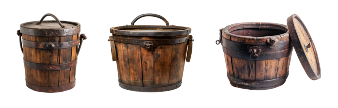 Antique wooden bucket with iron plates collection isolated on white or transparent background