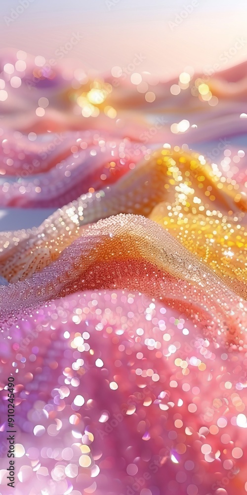 Poster a stunning close-up of shimmering fabric showcasing soft pinks and golds, creating a mesmerizing bok