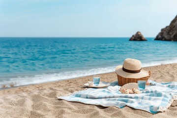 Obraz premium Beach picnic with blanket and waves, relaxing scene