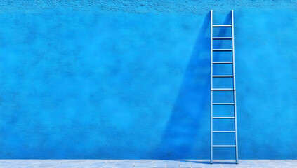 A vibrant blue wall with a simple white ladder leaning against it, symbolizing ascension and creativity in a minimalist design.