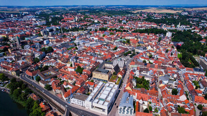 An aerial panorama view around old town of Schweinfurt on a sunny summer day in Germany.