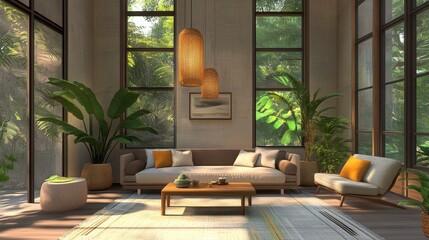 Stylish living room with tropical plants, large windows, and modern furnishings, creating a serene, nature-inspired atmosphere.