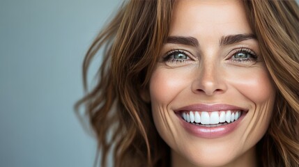 Naklejka premium Smiling woman with wavy brown hair and bright green eyes, exuding warmth and confidence.