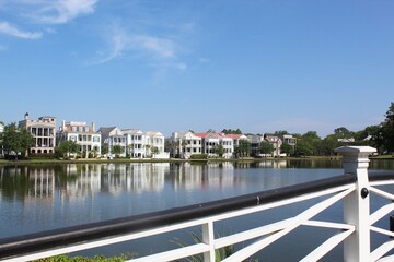 Pond with view of homes