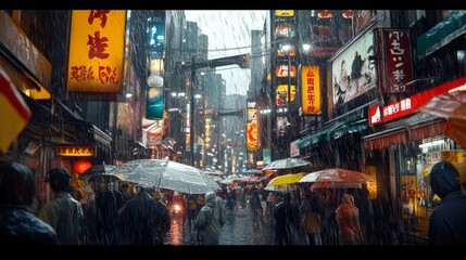 Rainy night in a vibrant urban setting, featuring diverse pedestrians with umbrellas amidst glowing neon signs.