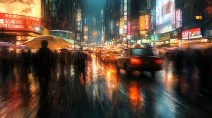 A bustling city street scene featuring diverse people walking with umbrellas in the rain, illuminated by vibrant neon lights.