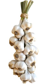 A string of fresh garlic  on a white background.