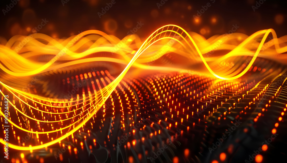 Poster a vibrant visualization of sound waves with glowing orange lines and sparkling dots, creating a dyna