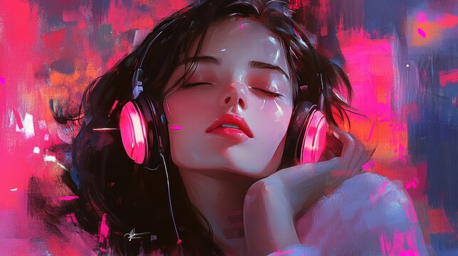 A young woman of mixed ethnicity enjoys music with vibrant pink headphones, embodying a dreamy and immersive atmosphere.
