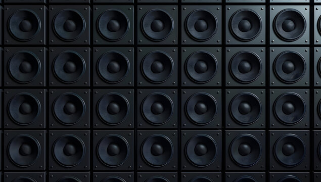 A wall of black speakers arranged in a grid, perfect for showcasing music production, sound design, or audio technology themes.