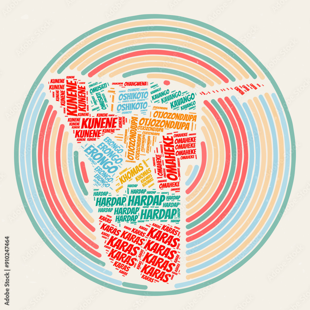 Poster namibia round poster. typography style image of country. regions word clouds of namibia. vintage ima