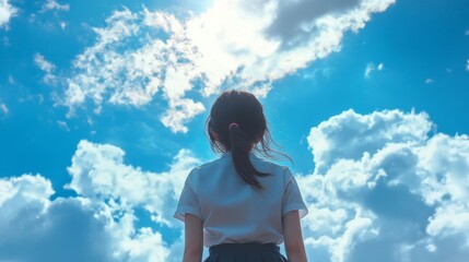 Fototapeta premium A contemplative Asian girl gazes at the expansive blue sky filled with fluffy clouds, embodying a sense of wonder and possibility.
