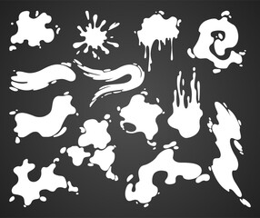 Paint blots. Creative isolated paint brush strokes or spots. Ink smudge abstract shape stains set with texture. Grunge design elements. Collection of different drops