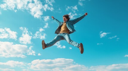 A young, cheerful male jumping in the air against a bright blue sky with fluffy clouds, embodying joy and freedom.