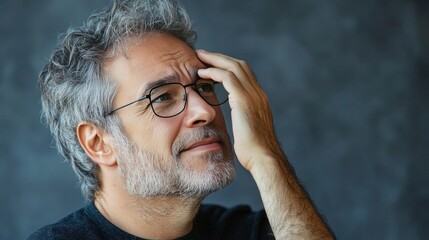 Obraz premium Pensive middle-aged man with gray hair and glasses, thoughtfully gazing upward against a dark background.