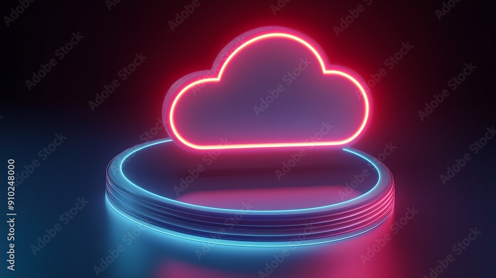 Poster 3d neon light cloud symbol on a vibrant platform. futuristic design concept for cloud computing, dig