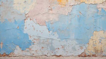 The crumbling wall of the building needs major repairs. Facade of a house with damaged plaster. Photophone for retro filming. Illustration for varied design.