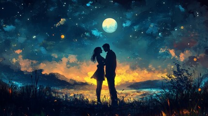 Obraz premium A romantic silhouette of a couple embracing under a starry night sky and a glowing moon.